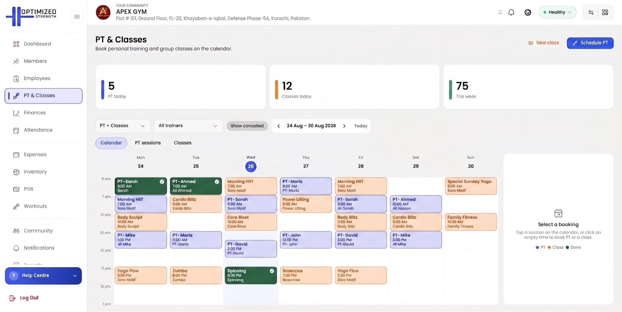 Classes and schedule in the gym portal